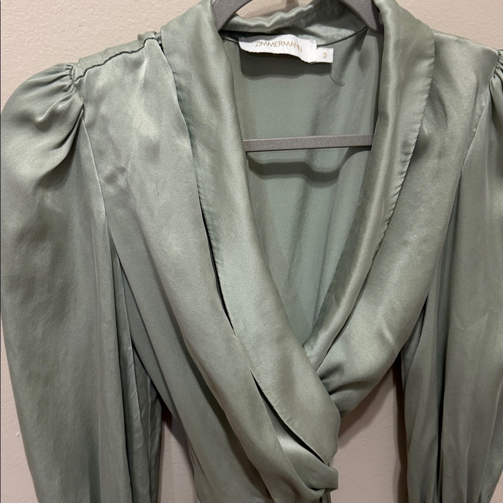 Zimmermann Silk Sage Green Long Sleeves Wrap Mini Dress - Picture 4 of 12